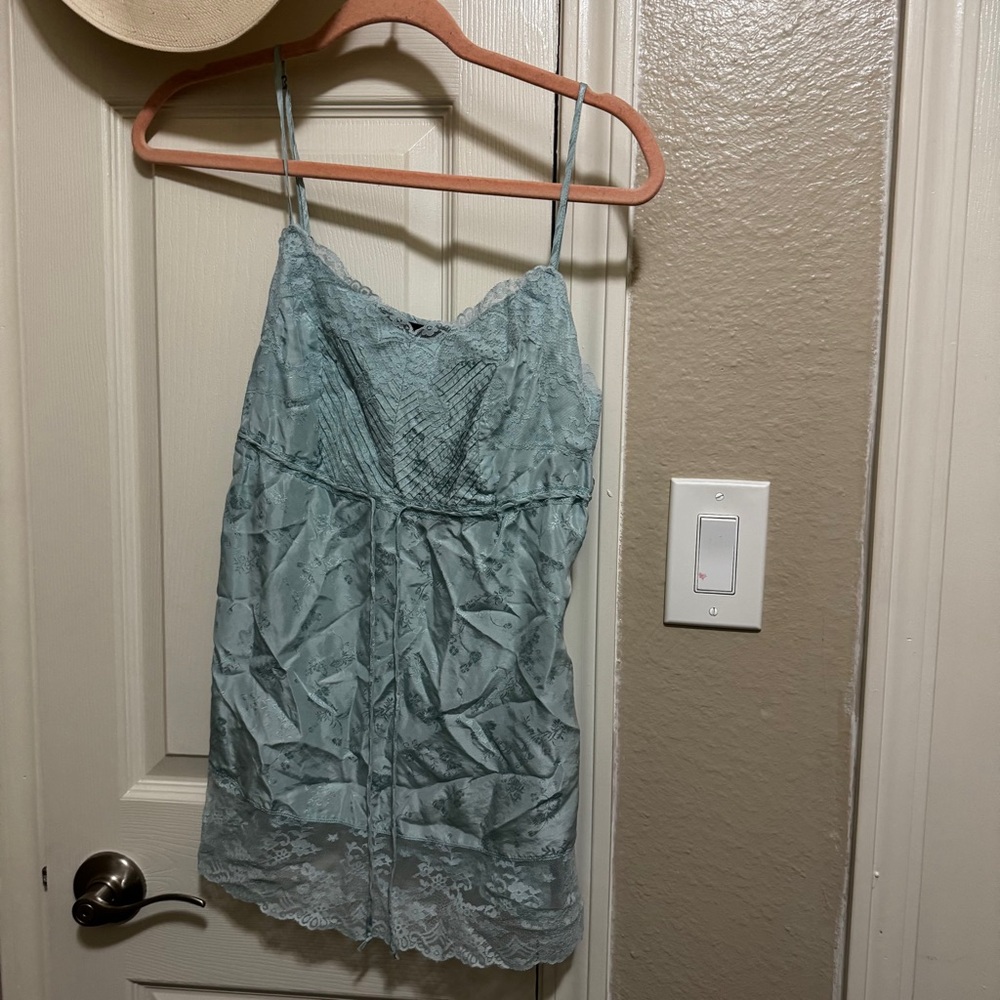 Express 100% Silk Babydoll Lace Trimmed Light Blue top